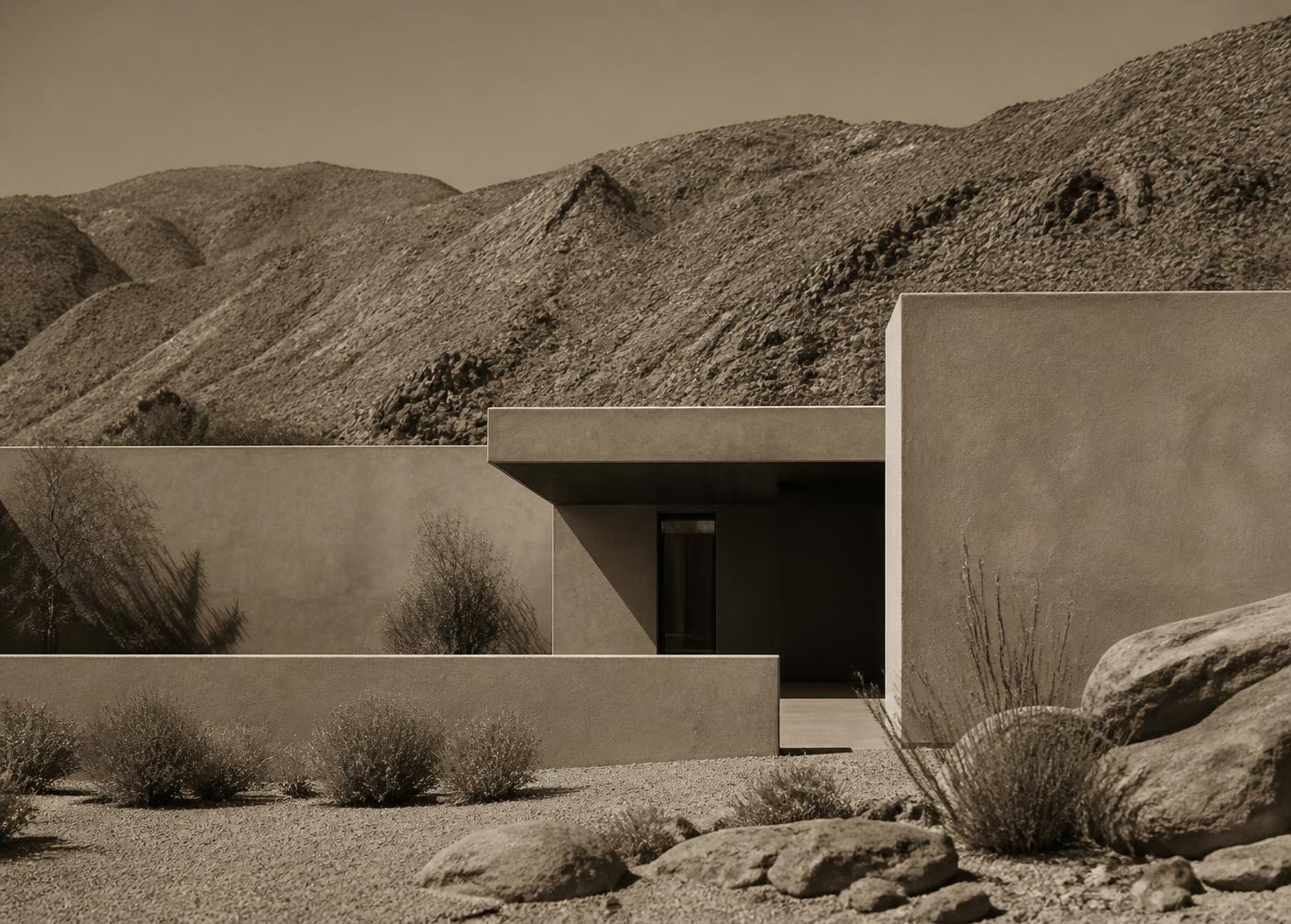 Minimalist modern house against desert mountains, sepia