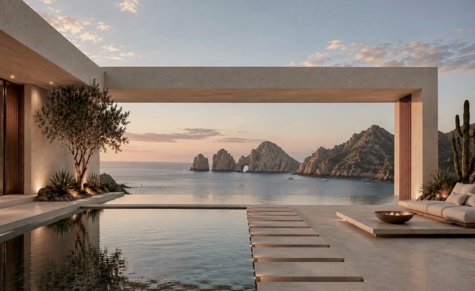 Infinity pool terrace framing a coastal rock arch in Los Cabos