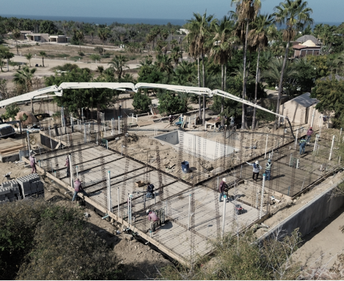 Aerial view of a foundation and rebar layout under a palm canopy
