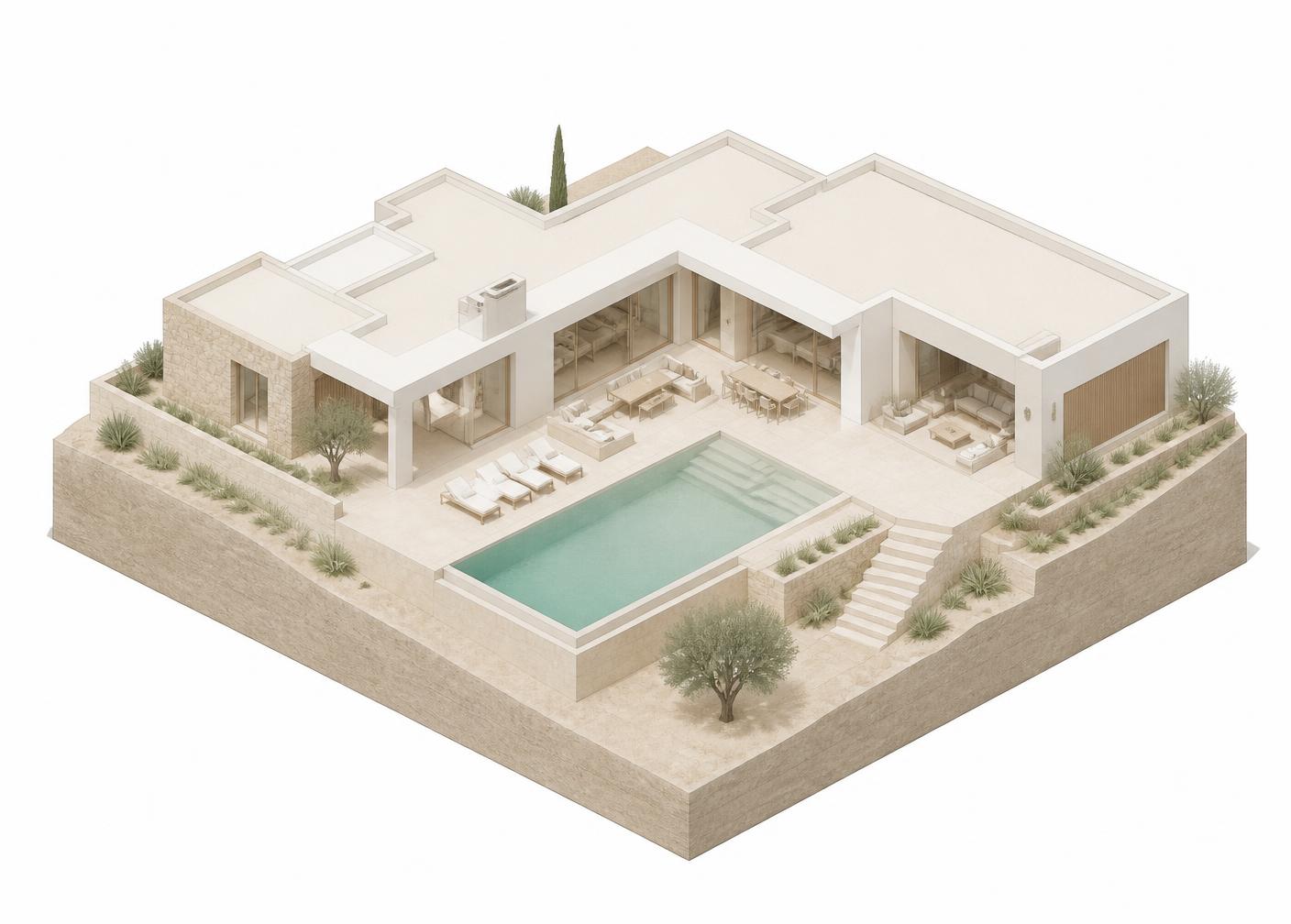 Axonometric render of a luxury villa with pool