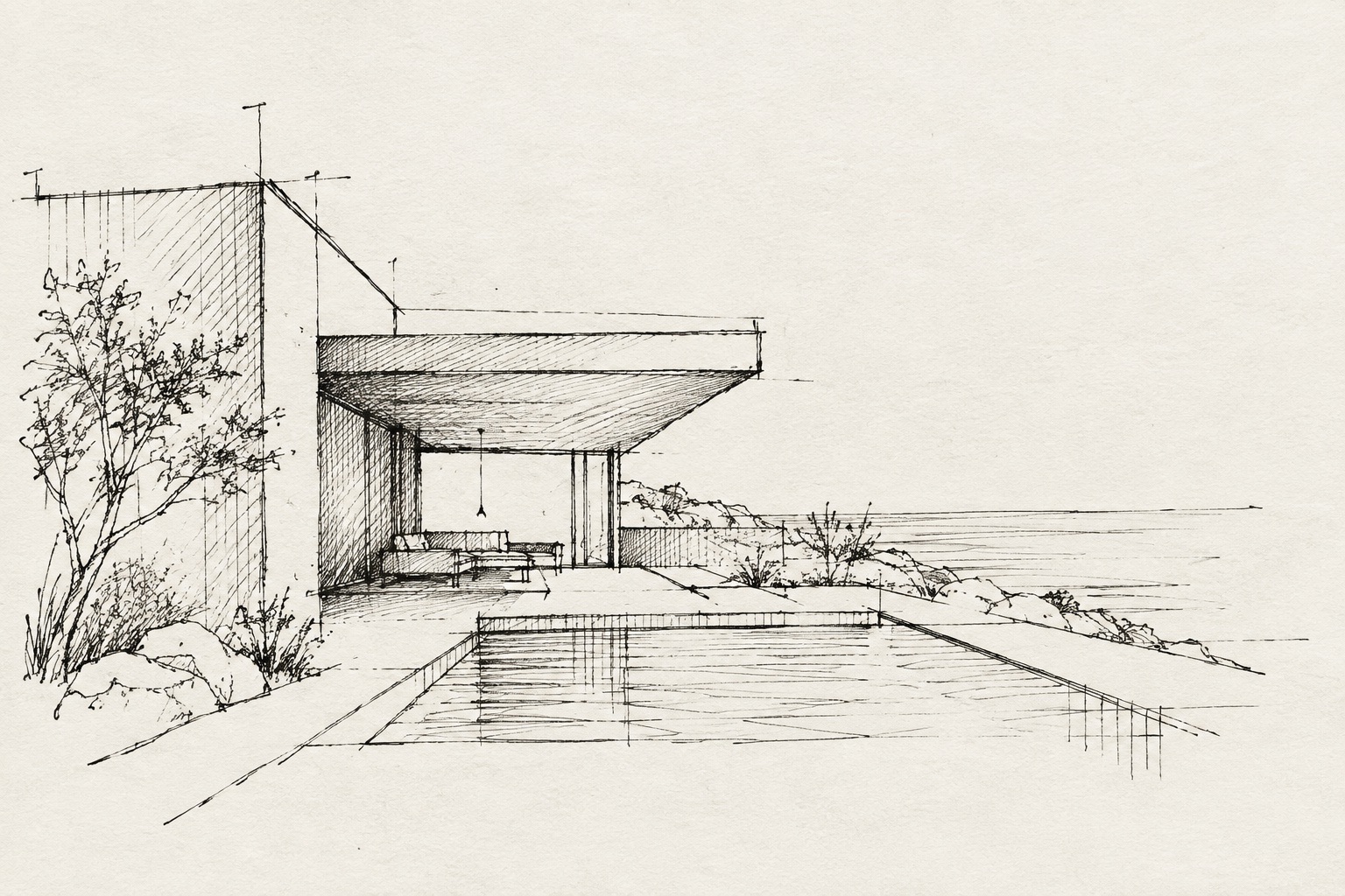 Hand-drawn architectural sketch of a modern villa with pool, ink line drawing