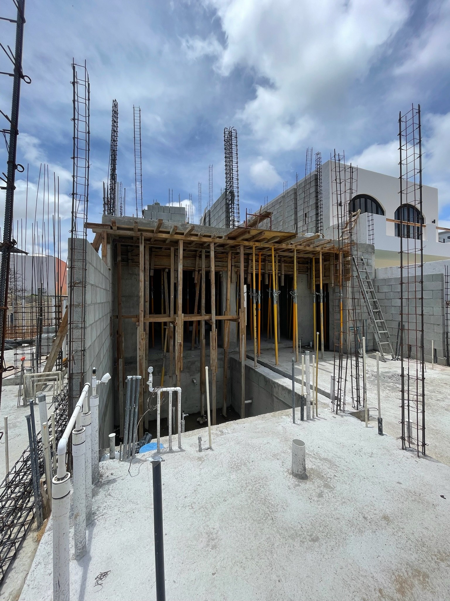 Concrete formwork and rebar under construction