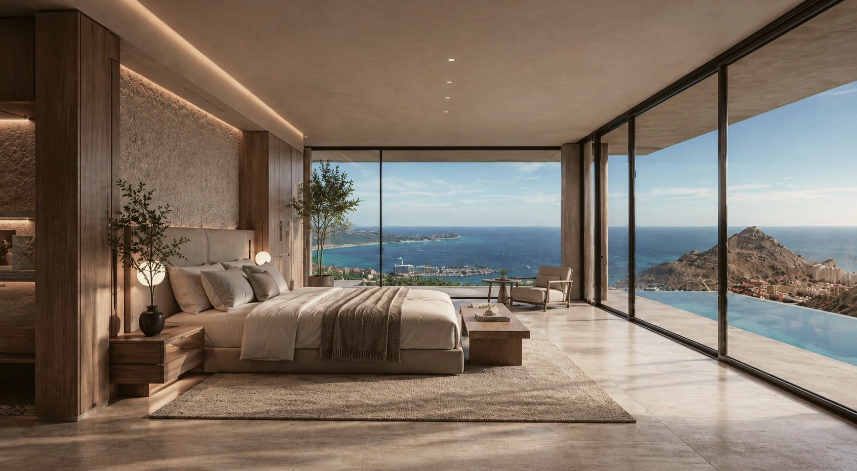 Bedroom render with floor-to-ceiling ocean view