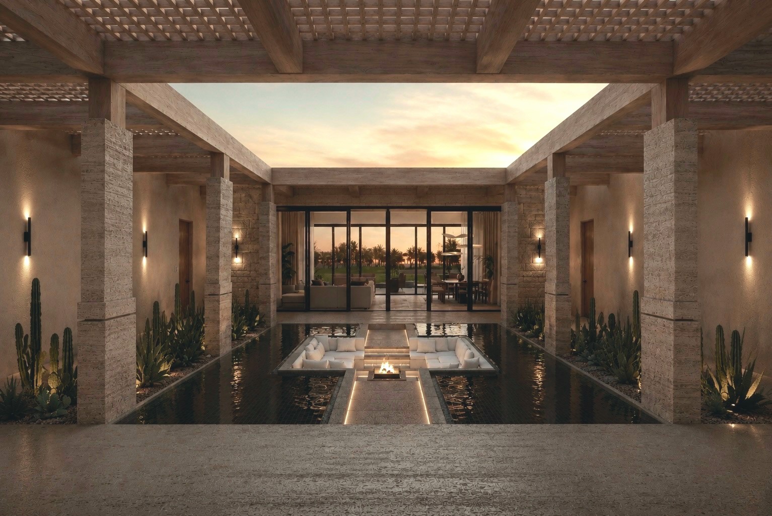Arched lobby corridor and reflecting pool render at dusk
