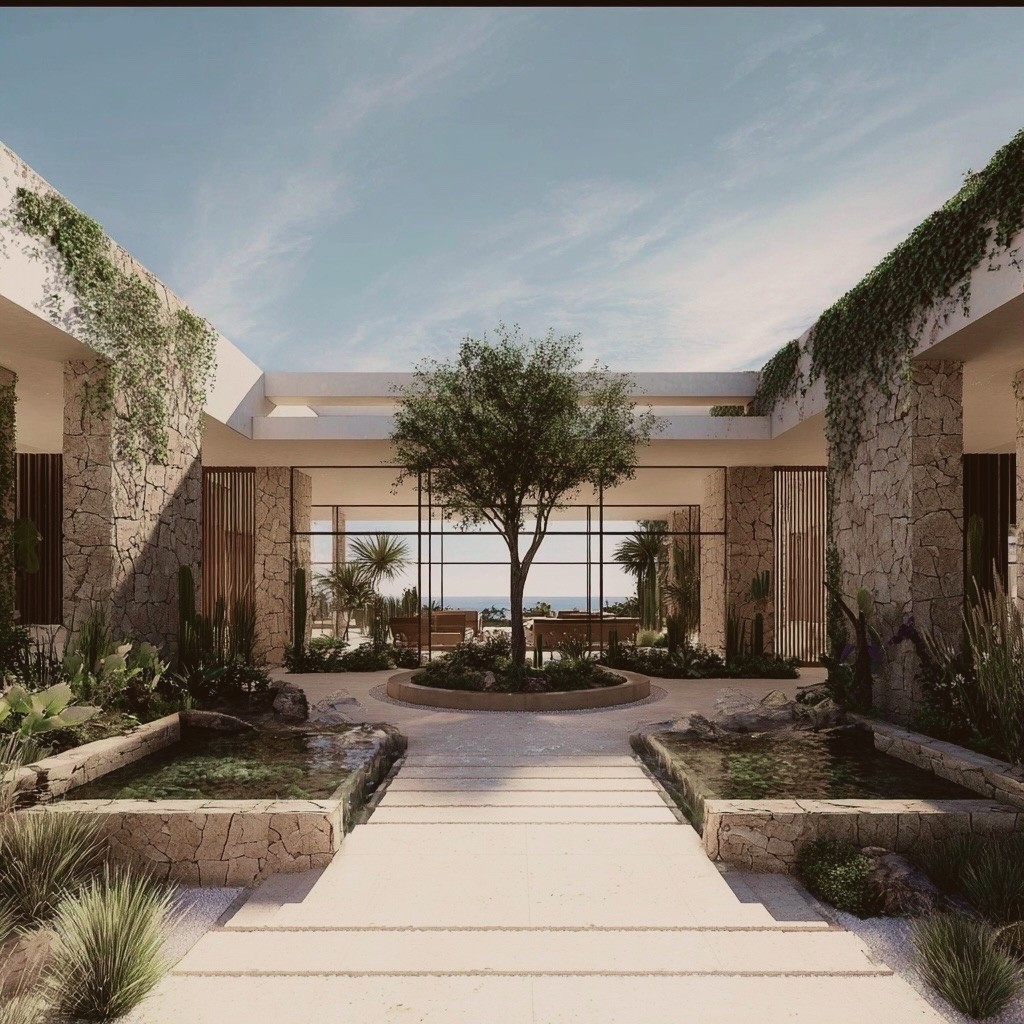 Courtyard entry walkway render with reflecting pools