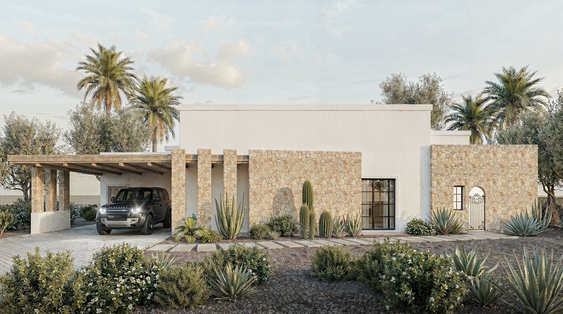 Desert-garden entrance render with stone walls