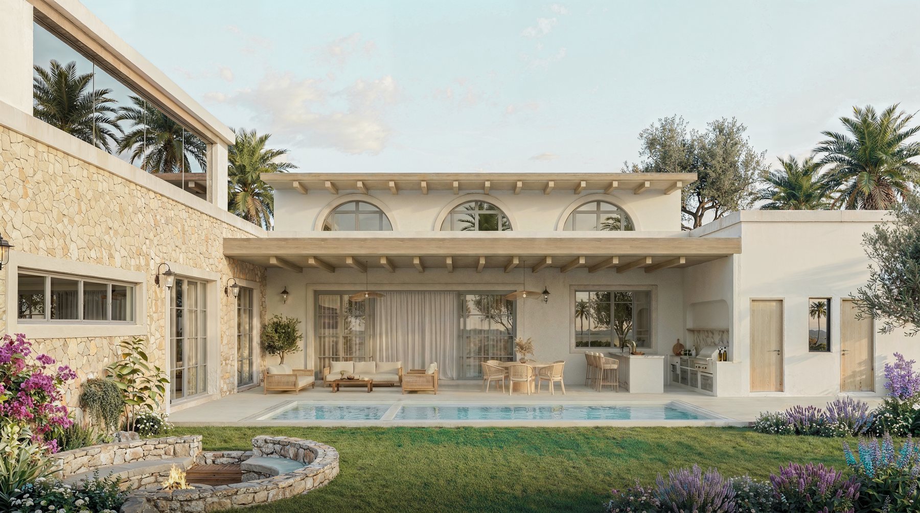 Residence exterior render at dusk
