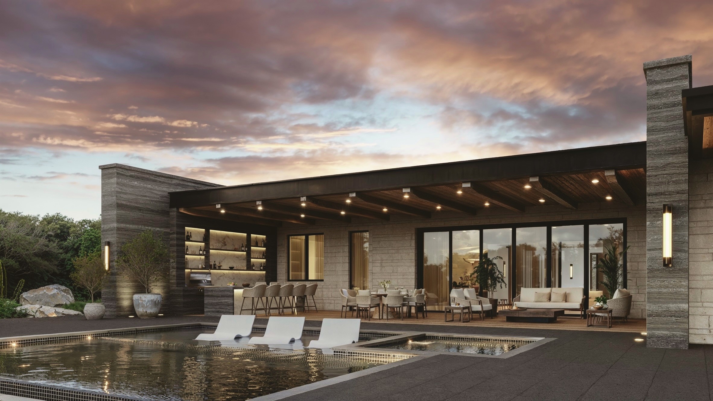 Residence and pool render at dusk