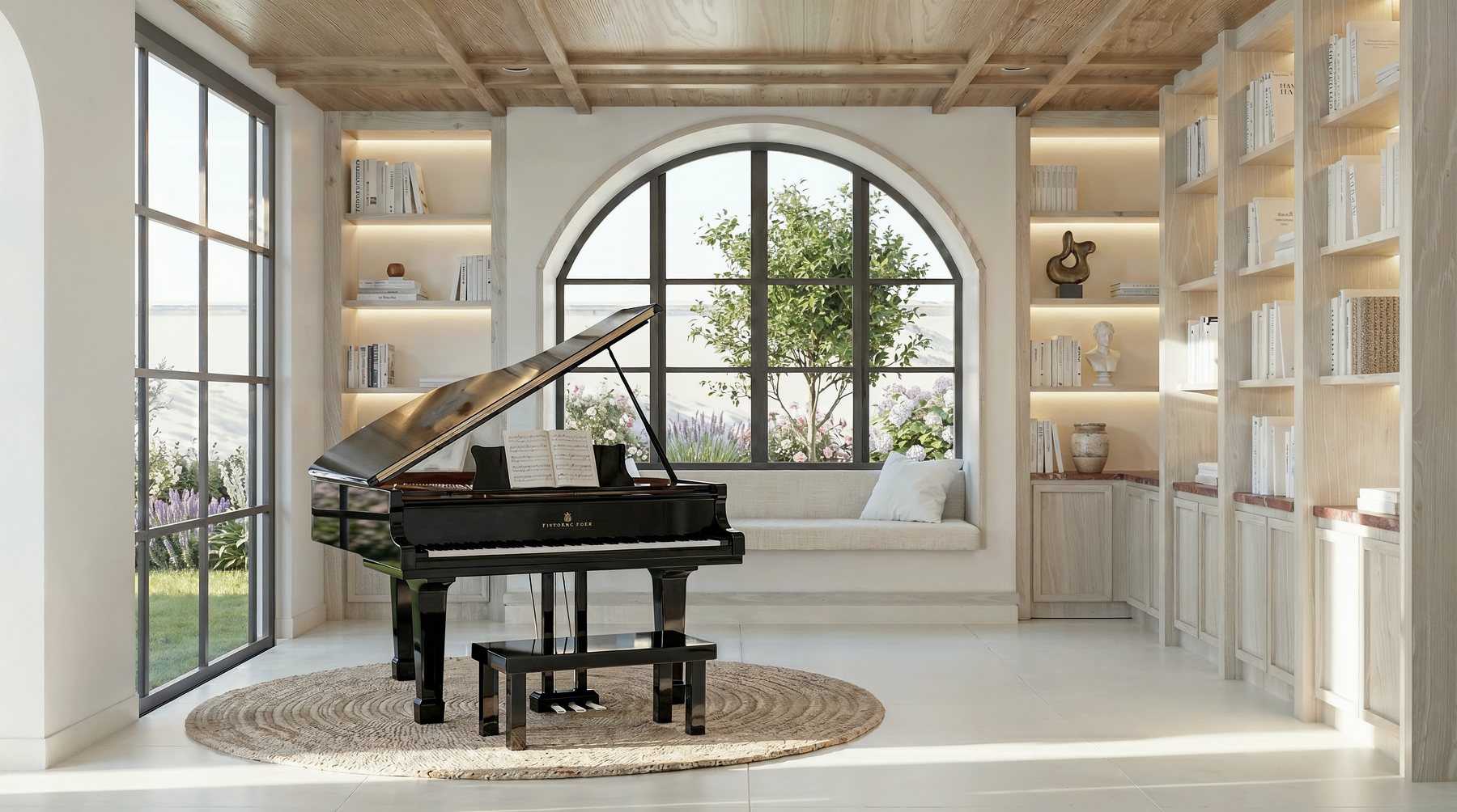 Library render with grand piano