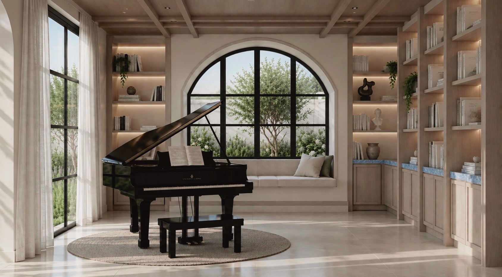 Library render with grand piano