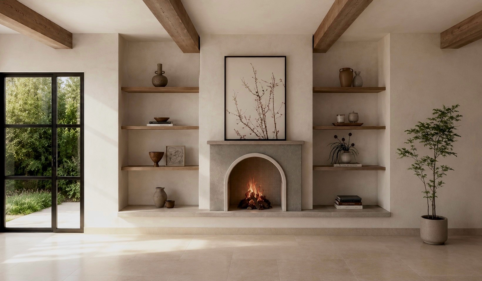 Living room render with fireplace and arched doorway