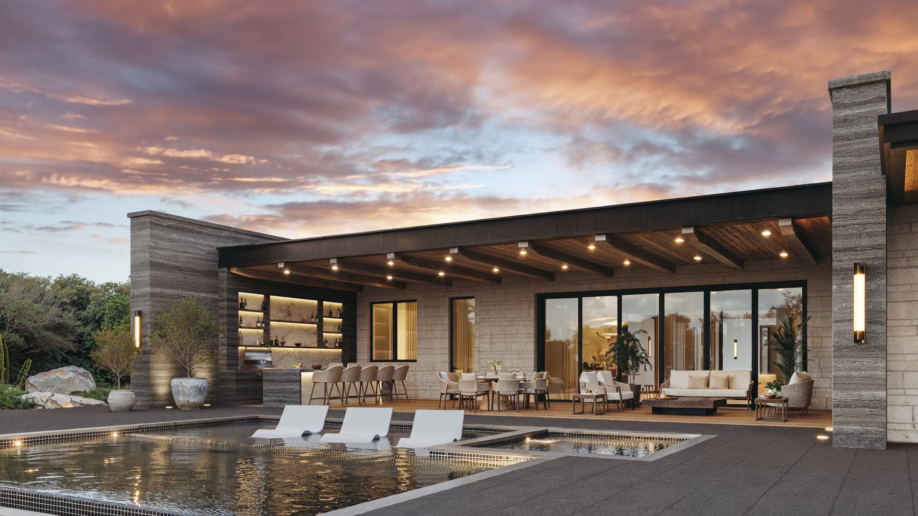Outdoor living room render at dusk