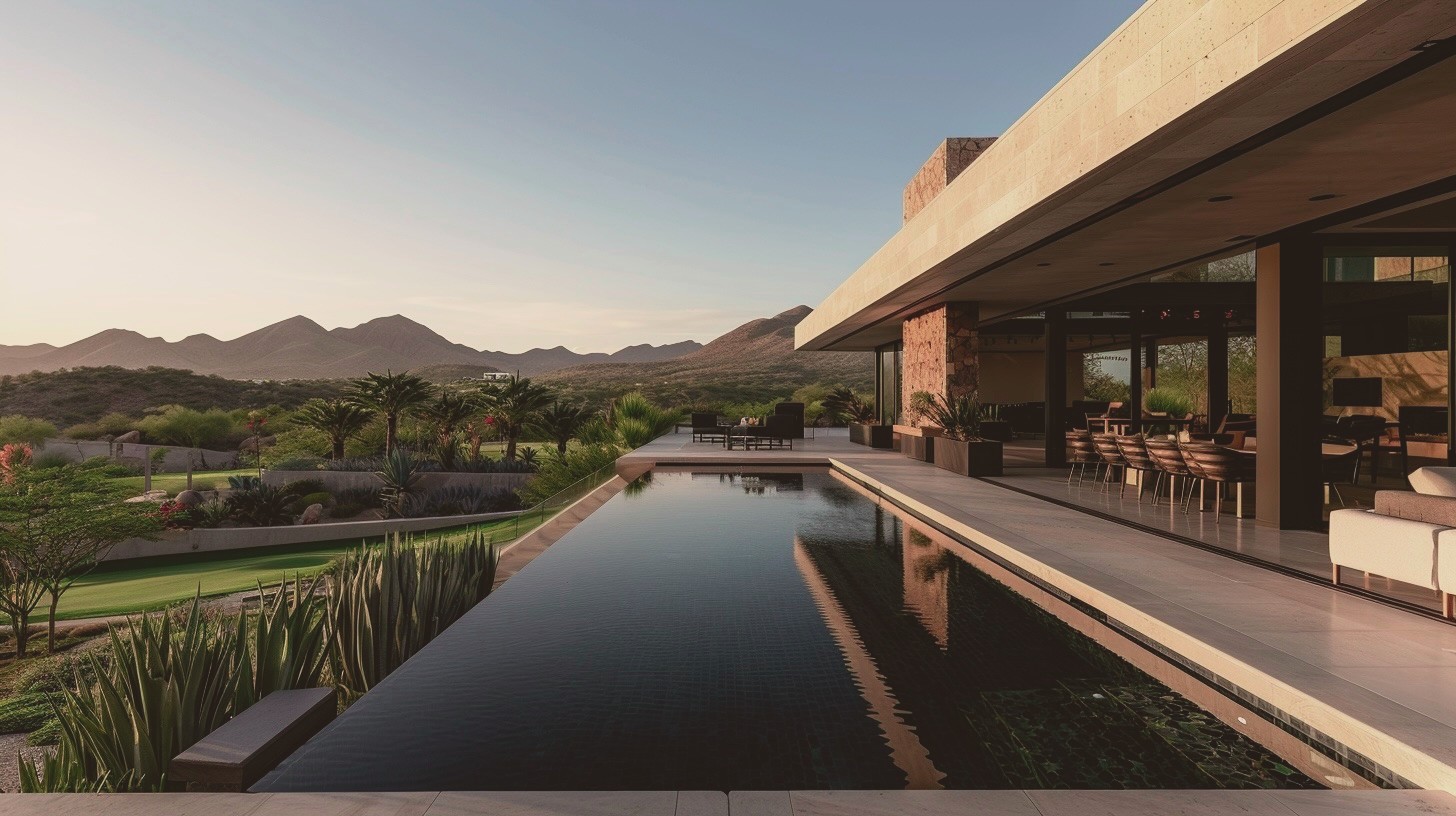 Infinity pool render overlooking the mountains at dusk